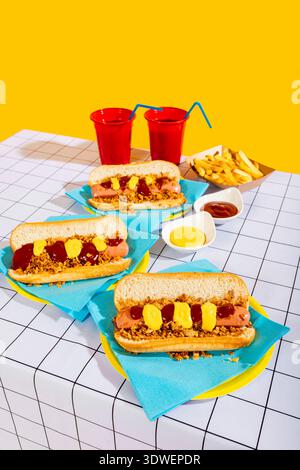 Tre deliziosi hot dog conditi con senape e ketchup sono disposti su un vivace tavolo, accompagnati da patatine fritte e bevande, creando un vivace e appetitoso Foto Stock