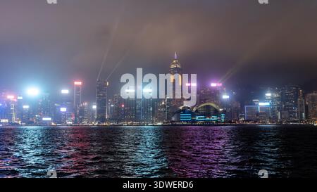 Vista dall'Avenue of Stars nella penisola di Kowloon che mostra gli edifici illuminati sull'isola di Hong Kong durante la Sinfonia delle luci, che mostrano il vib Foto Stock