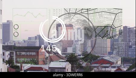 Visualizzazione chiara della sovrapposizione HUD con anello di avanzamento e globo a reticolo sullo skyline della città, con 145 Foto Stock