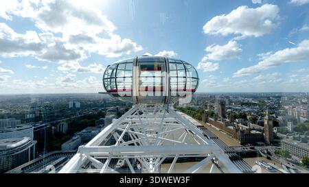 L'immagine cattura una capsula del London Eye che galleggia in alto sopra la città, offrendo una vista panoramica dei monumenti più rappresentativi di Londra, perfetta per un memorabile Foto Stock