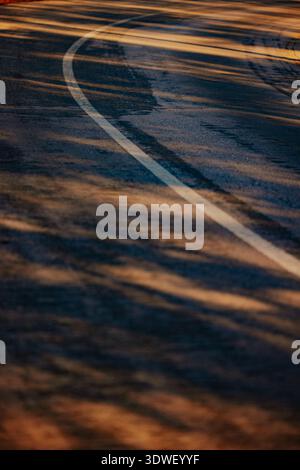 Una strada rurale curva graziosamente sotto il caldo bagliore del sole, con ombre degli alberi vicini che gettano delicatamente motivi sulla superficie dell'asfalto. Ideale Foto Stock