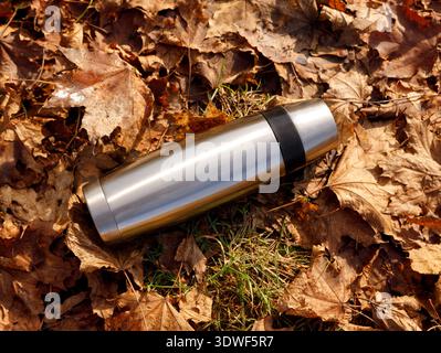 Una fiasca sottovuoto in argento resistente appoggiata su un tappeto di foglie d'acero marrone e arancione cadute nella foresta. Foto Stock