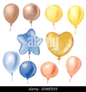 Una collezione di palloncini gonfiabili gialli, marroni, blu e arancioni, disegnati a mano con acquerelli su uno sfondo isolato. Semplici elementi di clip art f Foto Stock