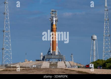 Artemis II sulla piattaforma di lancio nel febbraio 2026 Foto Stock