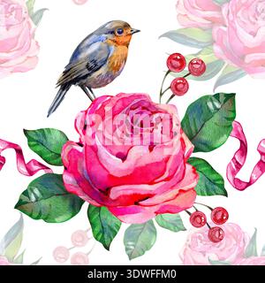 Splendido motivo ad acquerello senza cuciture con peonie rosa, un affascinante uccello di songbird e frutti di bosco rossi. Questa romantica composizione floreale con nastri lo è Foto Stock