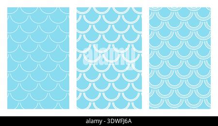Set di motivi a scala di pesce blu in stile decorativo Illustrazione Vettoriale