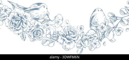 Un modello ondulato di fiori, rose e uccelli. Illustrazione grafica a linee disegnata a mano. Un elegante bordo senza cuciture in colori pastello per matrimoni e. Illustrazione Vettoriale