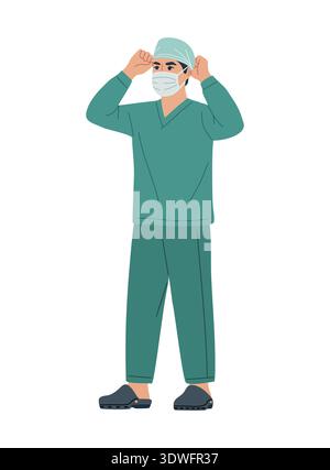 Chirurgo maschile in scrub verdi, tappo di regolazione Illustrazione Vettoriale