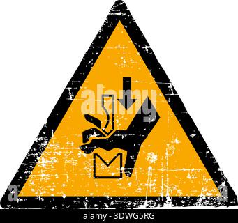 Illustrazione vettoriale di un cartello di pericolo schiacciamento manuale tra l'attrezzo per freni a pressione e una trama grunge. Simbolo del triangolo giallo graffato usurato che mostra le mani in una pressa isolata su sfondo bianco. Conforme agli standard internazionali sui segnali di sicurezza, tra cui ISO 7010 W030 ANSI Z535 OSHA e DIN 4844. Simbolo di pericolo industriale in difficoltà per la salute sul lavoro. Illustrazione Vettoriale
