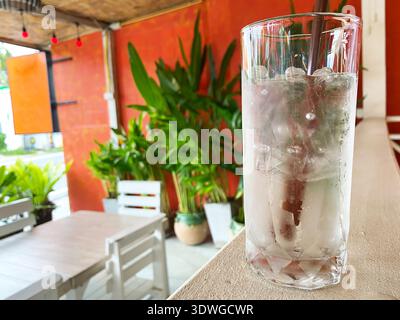 Vetro riempito di acqua ghiacciata e foglie di menta collocato su un tavolo in un ambiente tropicale, caratterizzato da lussureggianti piante verdi e una parete arancione Foto Stock