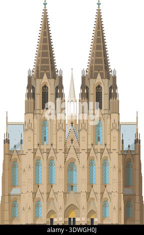 Cattedrale di Colonia in Germania isolata su sfondo bianco illustrazione vettoriale. Serie di monumenti e luoghi di interesse Illustrazione Vettoriale