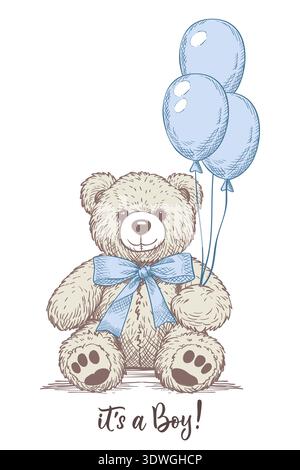 E' un ragazzo, biglietto di benvenuto per il parto. Giocattolo orso con arco blu e palloncini vettoriali disegnati a mano. Invito alla baby shower Illustrazione Vettoriale