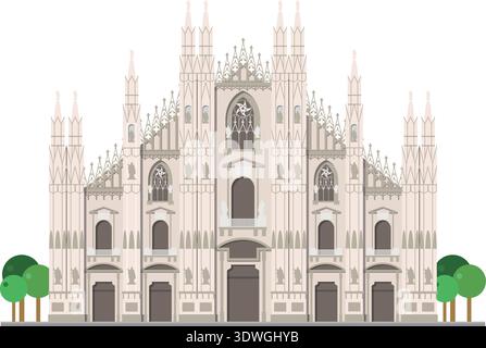 Duomo di Milano in Italia isolato su sfondo bianco illustrazione vettoriale. Serie di monumenti e luoghi di interesse Illustrazione Vettoriale