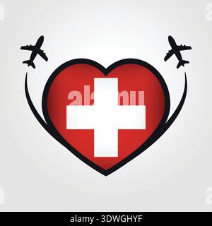 Svizzera Travel Heart Flag con icone aeroplani Illustrazione Vettoriale
