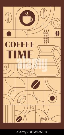 Collezione di banner geometrici a tema caffè. Illustrazione del caffè disegnata a mano. Sfondo linea geometrica astratta. Icone del caffè, con forme semplici per Illustrazione Vettoriale