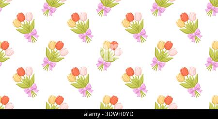 Motivo primaverile senza cuciture con mazzi di tulipani legati con nastro su sfondo bianco. Stampa stagionale vettoriale. Illustrazione Vettoriale