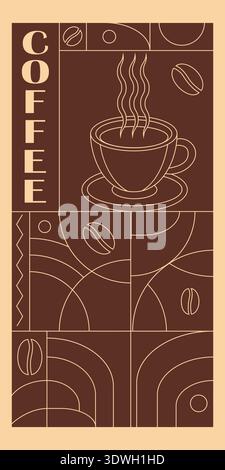 Collezione di banner geometrici a tema caffè. Illustrazione del caffè disegnata a mano. Sfondo linea geometrica astratta. Icone del caffè, con forme semplici per Illustrazione Vettoriale