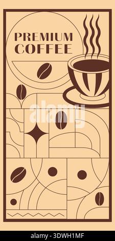 Collezione di banner geometrici a tema caffè. Illustrazione del caffè disegnata a mano. Sfondo linea geometrica astratta. Icone del caffè, con forme semplici per Illustrazione Vettoriale