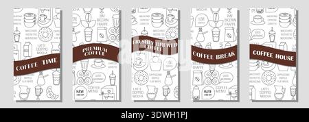 Collezione di banner geometrici a tema caffè. Illustrazione del caffè disegnata a mano. Sfondo linea geometrica astratta. Icone del caffè, con forme semplici per Illustrazione Vettoriale