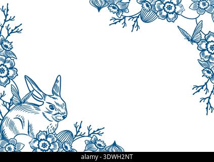 Cornice di Pasqua decorata con fiori primaverili, un coniglietto seduto nell'angolo e farfalle volanti. Illustrazione vettoriale disegnata a mano in stile line art. TH Illustrazione Vettoriale