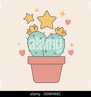 Cactus di pere di riccio in fiore in pentola di terracotta con cuori e stelle Illustrazione Vettoriale