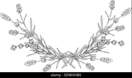 Bordo floreale simmetrico vettoriale lavanda in stile art dalle linee pulite con rami botanici e fiori disegnati a mano. Ideale per inviti di nozze Illustrazione Vettoriale
