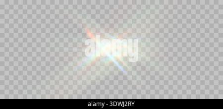 Effetto sovrapposizione rifrazione arcobaleno sfocato. Effetto prisma lente chiaro su sfondo trasparente. Riflesso olografico, luce parassita in cristallo con ombre di dispersione Illustrazione Vettoriale