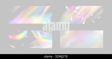 Effetto sovrapposizione rifrazione arcobaleno sfocato. Effetto prisma lente chiaro su sfondo trasparente. Riflesso olografico, luce parassita in cristallo con ombre di dispersione Illustrazione Vettoriale