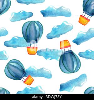 Motivo ad acquerello senza cuciture con palloncini ad aria calda e soffici nuvole in uno schema di colori allegro blu e arancione su sfondo bianco Foto Stock