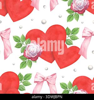 Un motivo ad acquerello senza cuciture per San Valentino con cuori e rose color acquerello Foto Stock