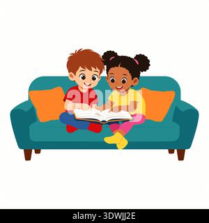 Un allegro ragazzo e una ragazza seduti su un divano di tè, che condividono un libro e si godono una storia. Questa illustrazione vettoriale cattura un momento dolce di apprendimento. Illustrazione Vettoriale