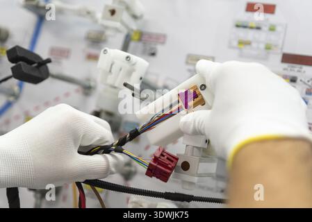 Processo di fabbricazione dei cablaggi elettrici per veicoli, flusso di lavoro, industria automobilistica Foto Stock