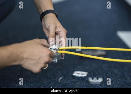 Specialista di collegare un cavo di rete con connettori femmina RJ45, processo per la posa della rete locale Foto Stock