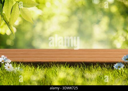 Sfondo primaverile con erba verde, margherita, fogliame di alberi e tavolo di legno vuoto in natura all'aperto. Modello per il posizionamento di prodotti biologici naturali. E Foto Stock