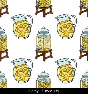 Limonata rinfrescante in caraffe e dispenser con ghiaccio e fette di limone Illustrazione Vettoriale