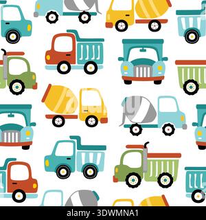 Modello senza cuciture di dumper a cartoni animati e betoniere. Illustrazione Vettoriale