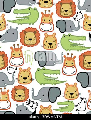 Schema perfetto di diversi volti di animali da safari e giungla dei cartoni animati. Illustrazione Vettoriale