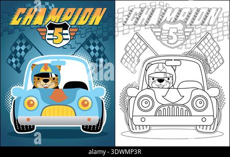 Cartoon leopardo alla guida di un'auto da corsa blu come campione vincitore. Illustrazione Vettoriale