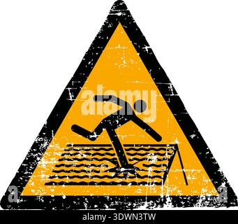 Illustrazione vettoriale di un cartello di pericolo tetto fragile con una texture grunge. Simbolo del triangolo giallo, graffito e usurato, che mostra una persona che cade attraverso un tetto isolato su sfondo bianco. Conforme agli standard internazionali sui segnali di sicurezza, tra cui ISO 7010 W036 ANSI Z535 OSHA e DIN 4844. Simbolo di pericolo industriale in difficoltà per la salute sul lavoro. Illustrazione Vettoriale