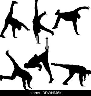 Set di pose di breakdancer con silhouette nera, tra cui headspin, congelamento e movimenti laterali. Collezione di Street dance isolata su sfondo bianco per la Illustrazione Vettoriale