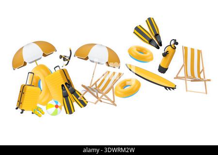 Articoli per le vacanze estive, tra cui valigie, palle da spiaggia, sedia e accessori su sfondo bianco, concetto di viaggio per le vacanze Foto Stock