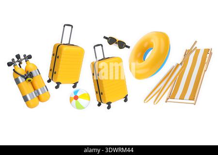 Articoli per le vacanze estive, tra cui valigie, palle da spiaggia, sedia e accessori su sfondo bianco, concetto di viaggio per le vacanze Foto Stock