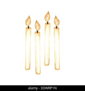 Illustrazione ad acquerello dipinta a mano con quattro candele sottili e brillanti con fiamme calde e scintillanti. Questo elegante set di spirituali e festivi Foto Stock