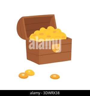 Scrigno aperto pieno di monete d'oro, illustrazione di fantasia pirata ideale per blog finanziari, temi di avventura, risorse di gioco e concetto di ricchezza Illustrazione Vettoriale