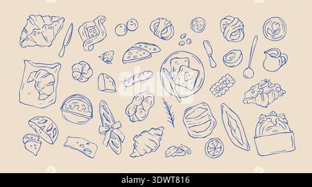 Set di biscottini stravaganti da forno. Elementi di cibo disegnati a mano per la progettazione dei pasti mattutini Illustrazione Vettoriale