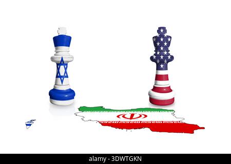 Scacchi realizzati da Israele, USA su una bandiera iraniana e israeliana Foto Stock