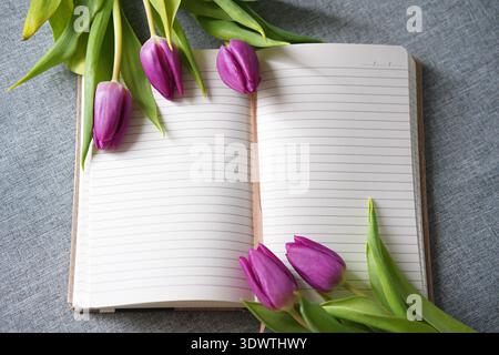 Un quaderno aperto decorato con tulipani viola freschi. Foto di alta qualità Foto Stock