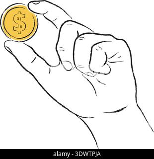 Mano che regge una moneta da un dollaro d'oro, illustrazione disegnata a mano su sfondo bianco. Illustrazione Vettoriale