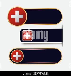 Il set di banner con bandiera della Svizzera lucida, con design vettoriale modificabile, può essere utilizzato per la progettazione aziendale o di presentazioni. Illustrazione Vettoriale