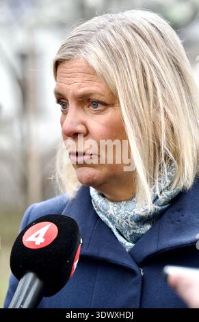 STOCCOLMA, SVEZIA - 28 FEBBRAIO 2026: Magdalena Andersson viene intervistata durante una cerimonia in memoria di Olof Palme quarant'anni dopo la sua morte. Foto Stock